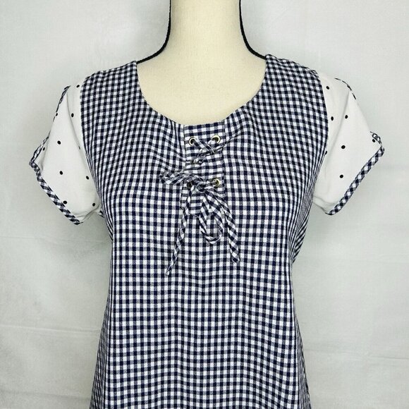Zara Dress Size M Blue White Gingham Check Shift Short-Sleeve Tie Back - Picture 2 of 11